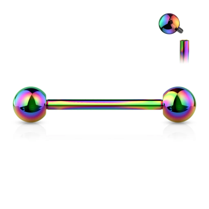 Piercing barbell à vissage interne en titane multicolore (langue, téton, industriel)