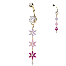 Piercing nombril plaqué or pendentif triple fleurs multicolores