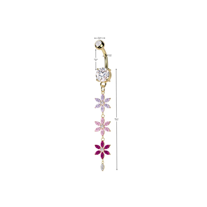 Piercing nombril plaqué or pendentif triple fleurs multicolores