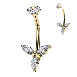 Piercing nombril en acier doré trois zircons marquise trinité