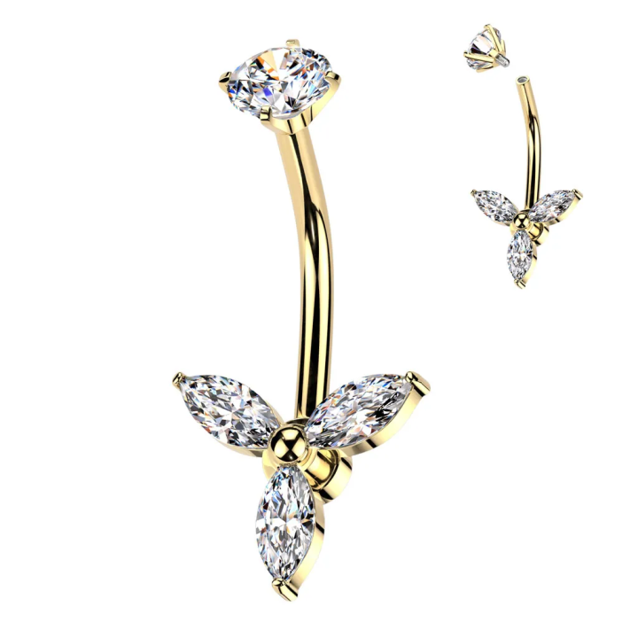 Piercing nombril en acier doré trois zircons marquise trinité