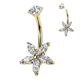 Piercing nombril doré zirconium marquise fleur
