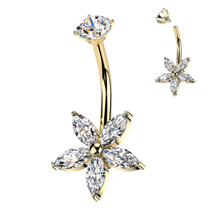 Piercing nombril doré zirconium marquise fleur