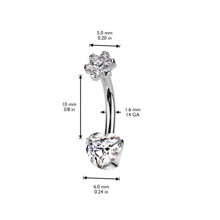 Piercing nombril en titane zircon coeur et embout fleur