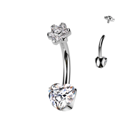 Piercing nombril en titane zircon coeur et embout fleur