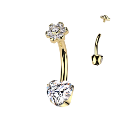 Piercing nombril en titane doré zircon coeur et embout fleur
