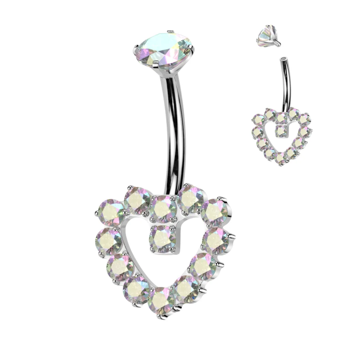 Piercing nombril en titane coeur contour aurore boréale