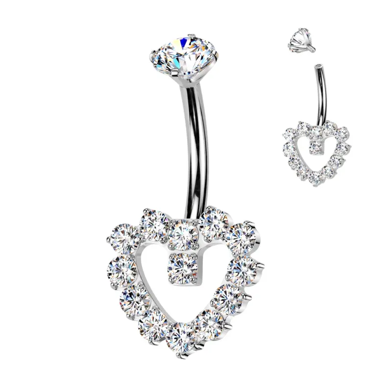 Piercing nombril en titane coeur contour zircons blancs