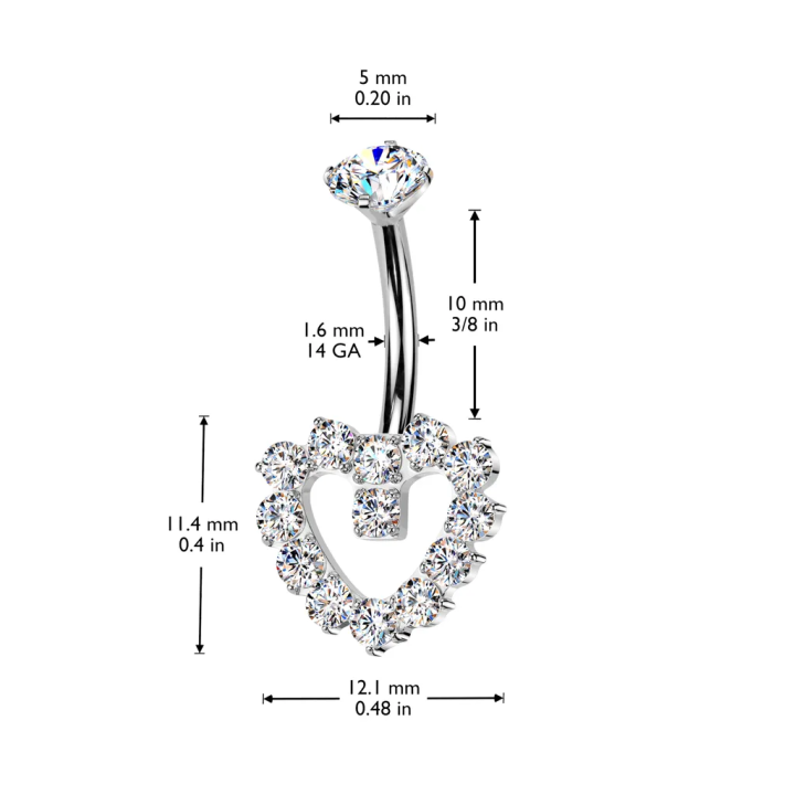 Piercing nombril en titane coeur contour zircons blancs