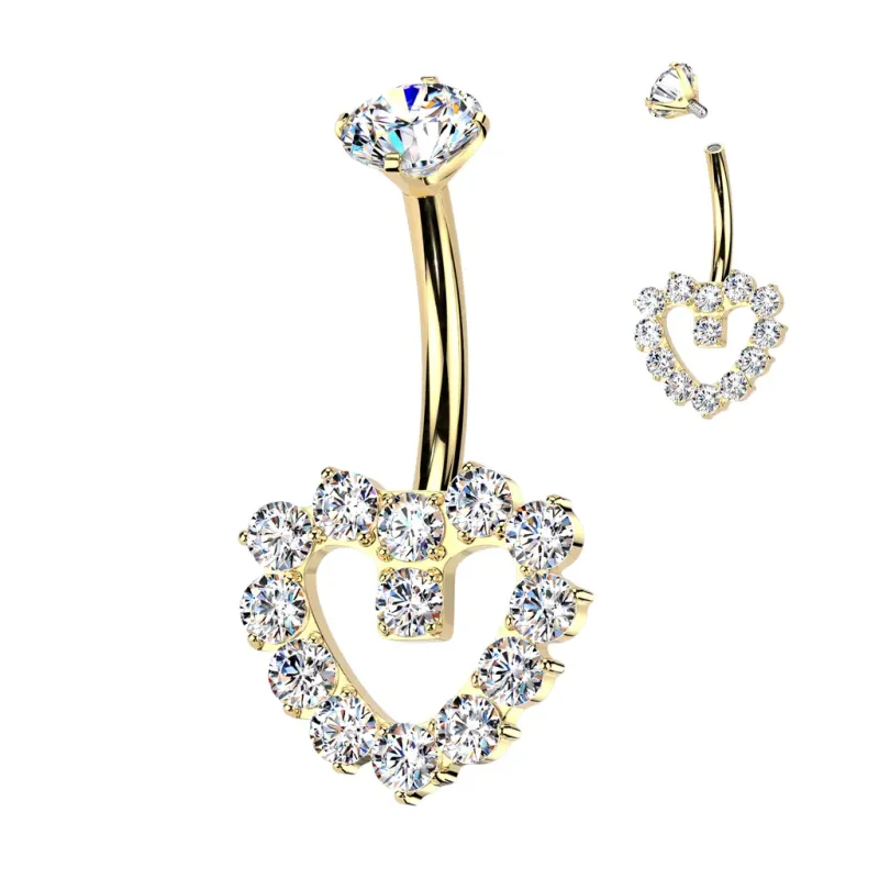 Piercing nombril en titane doré coeur contour zircons blancs