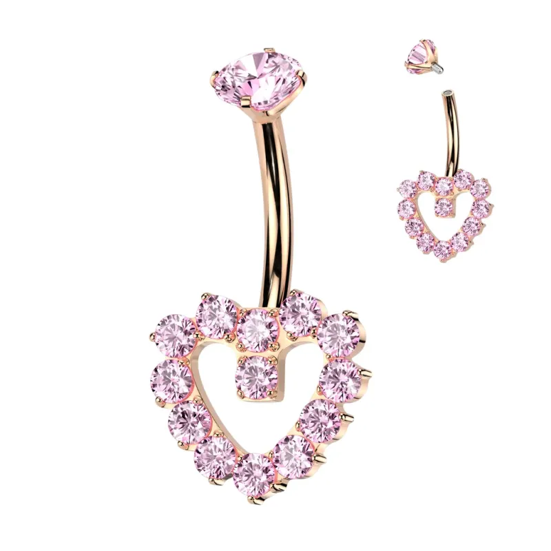 Piercing nombril en titane rosé coeur contour zircons roses