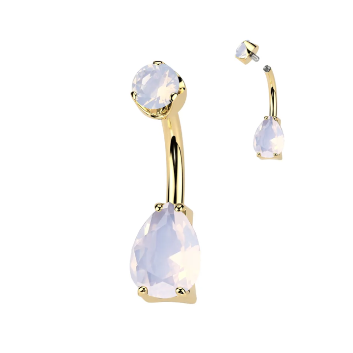Piercing nombril en titane doré larme quartz rose