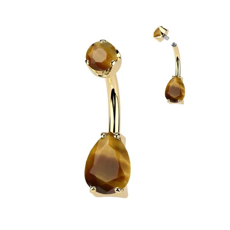 Piercing nombril en titane doré larme oeil de tigre