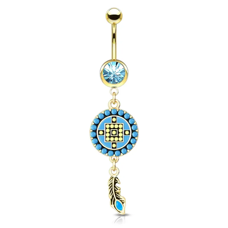 Piercing nombril doré cercle aztèque turquoise et plume