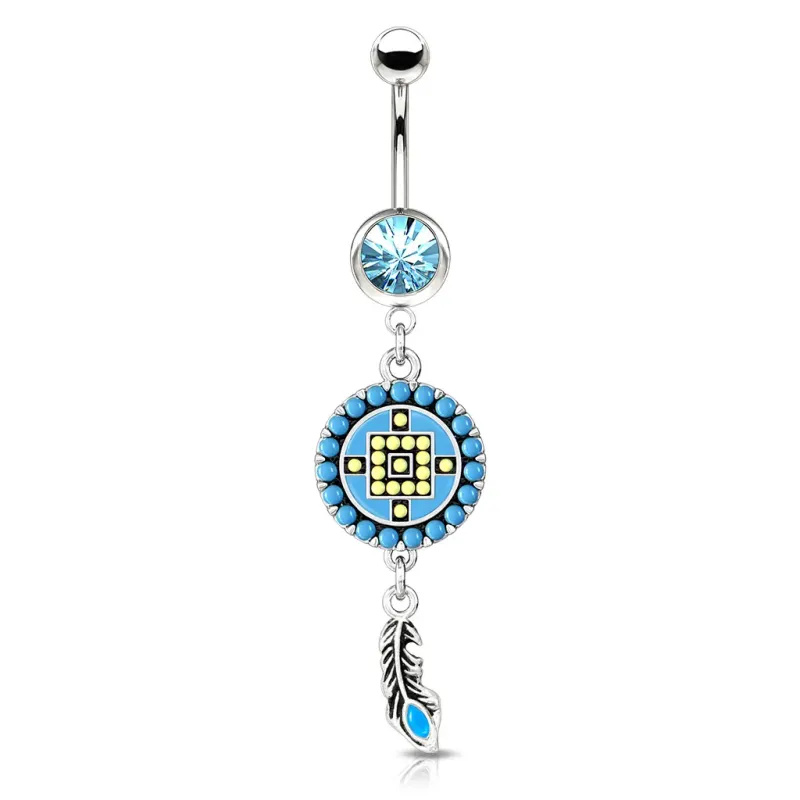 Piercing nombril cercle aztèque turquoise et plume