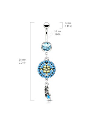 Piercing nombril cercle aztèque turquoise et plume