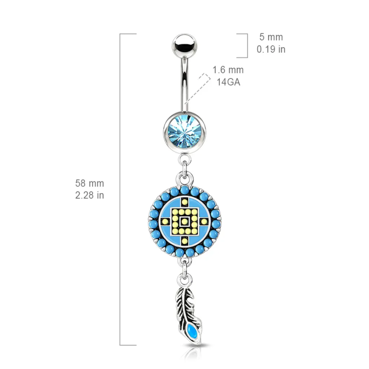 Piercing nombril cercle aztèque turquoise et plume