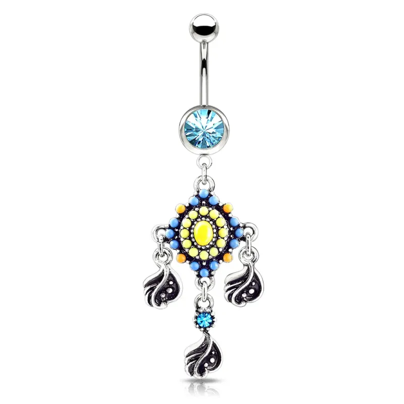 Piercing nombril acier motif tribal perles pendentifs feuilles