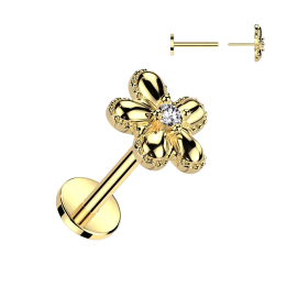 Piercing oreille en acier doré embout push-in en fleur sertie