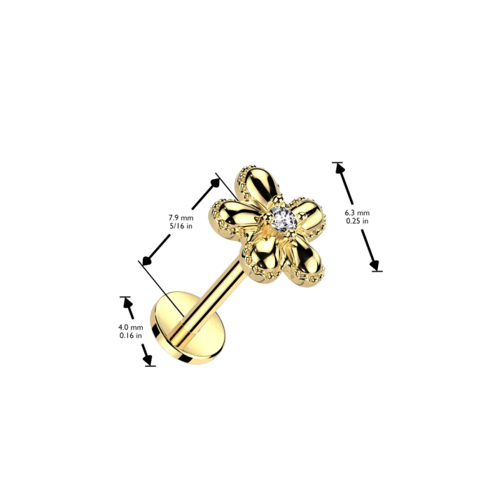 Piercing oreille en acier doré embout push-in en fleur sertie