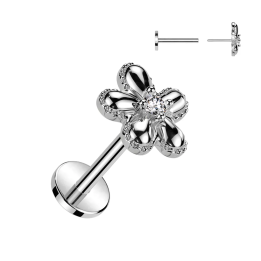 Piercing oreille en acier chirurgical embout push-in en fleur sertie
