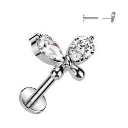 Piercing oreille en acier chirurgical embout push-in papillon 2 zircons