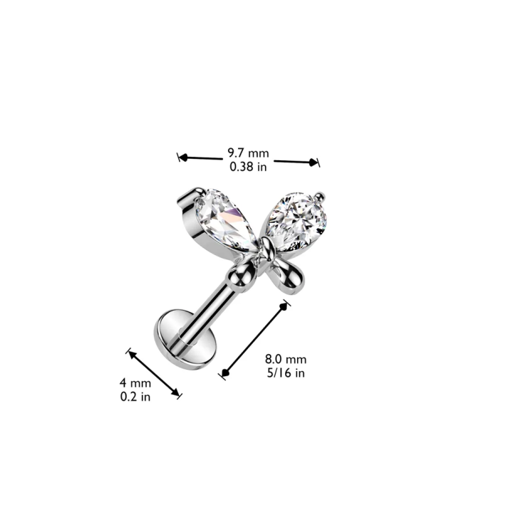 Piercing oreille en acier chirurgical embout push-in papillon 2 zircons