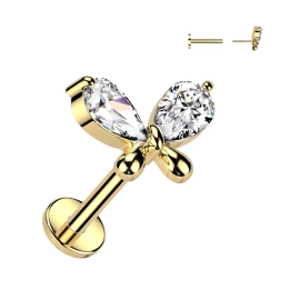 Piercing oreille en acier doré embout push-in papillon 2 zircons