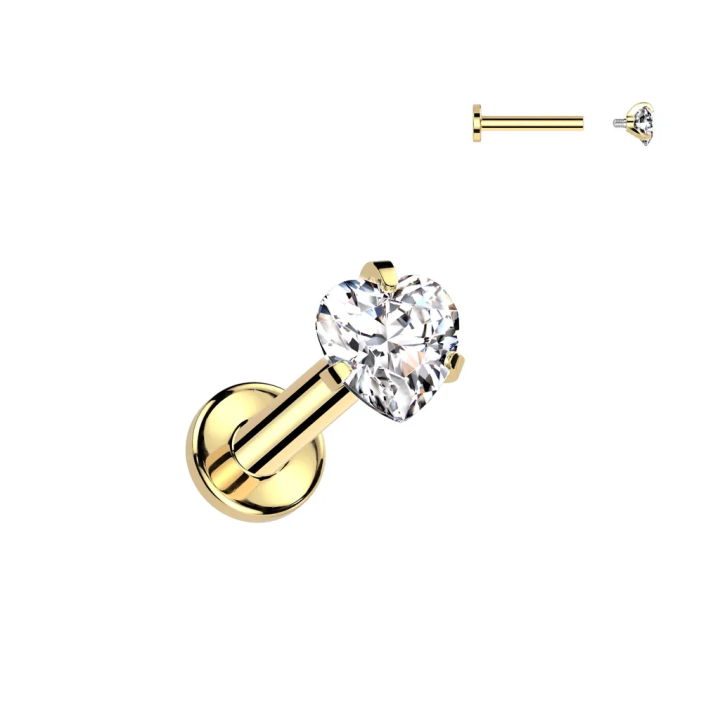 Piercing oreille en titane doré avec zirconium cœur