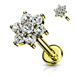 Piercing labret oreille hélix fleur à 7 gemmes doré