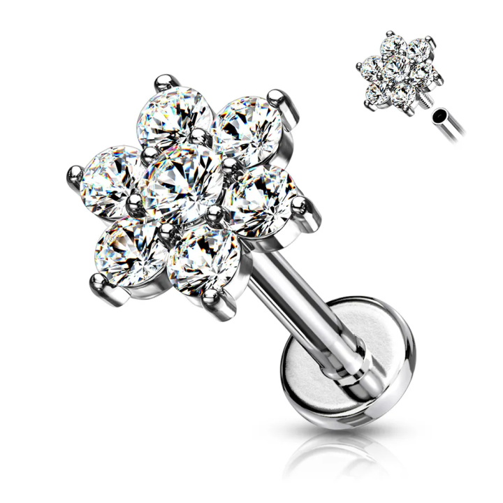 Piercing labret oreille hélix fleur à 7 gemmes argenté