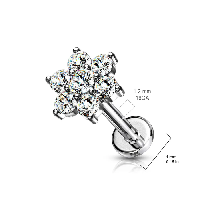 Piercing labret oreille hélix fleur à 7 gemmes argenté