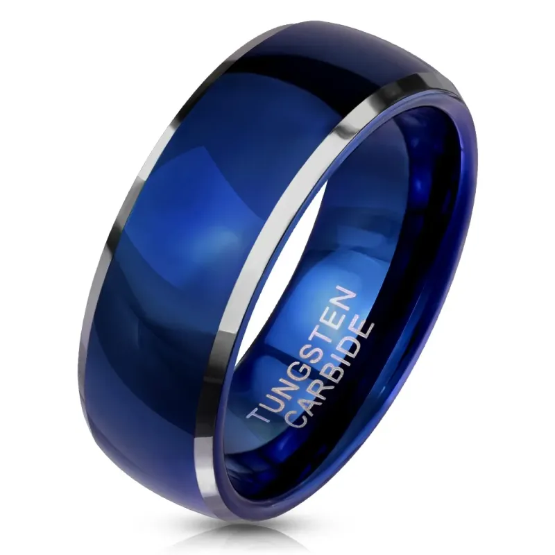 Bague homme tungstène bleu bordures argentées