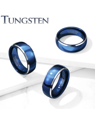 Bague homme tungstène bleu bordures argentées