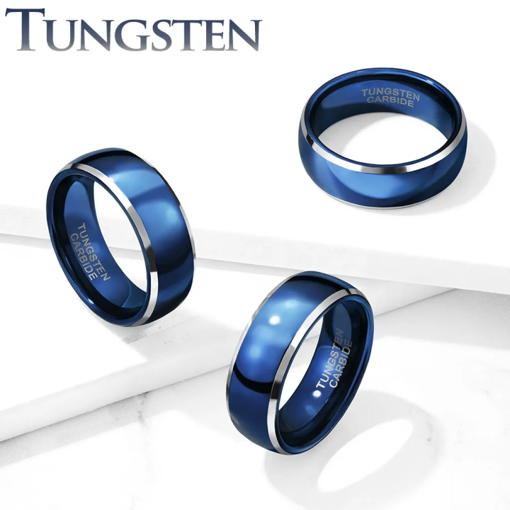 Bague homme tungstène bleu bordures argentées