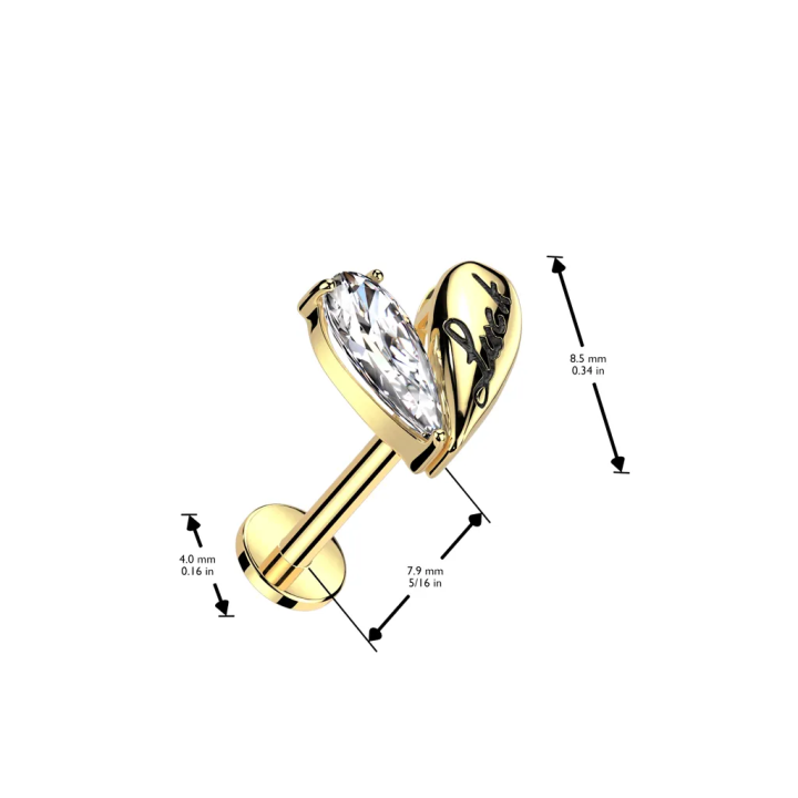 Piercing oreille en acier doré embout push-in coeur luck