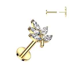 Piercing oreille en acier doré embout push-in avec feuille pavée
