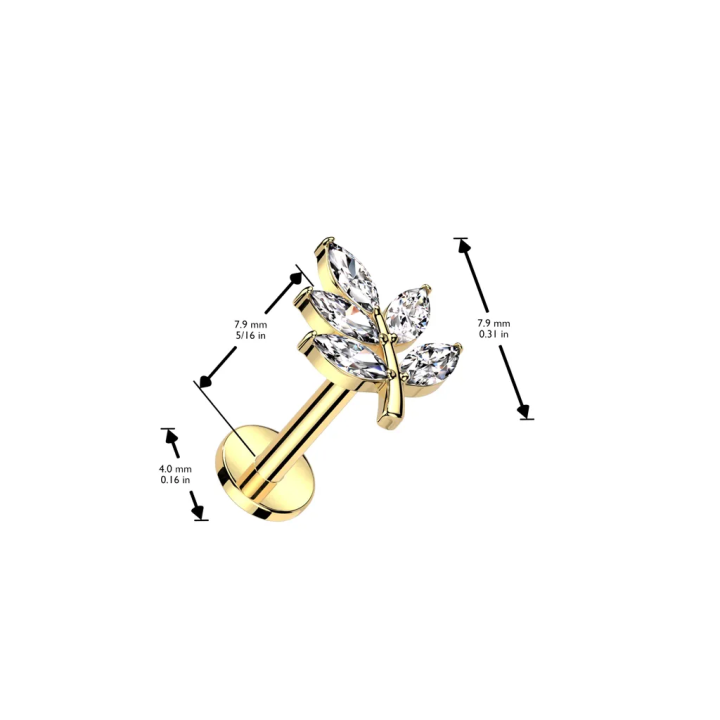 Piercing oreille en acier doré embout push-in avec feuille pavée