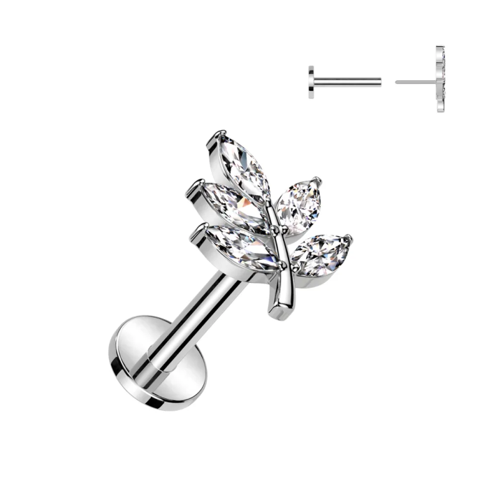 Piercing oreille en acier chirurgical embout push-in avec feuille pavée