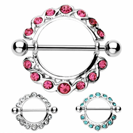 Piercing téton bouclier en acier – Strass rose, bleu & cristal