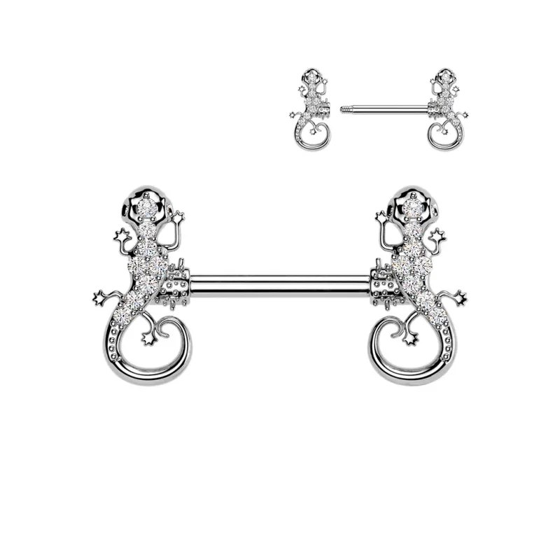 Piercing téton acier avec gecko pavés de strass