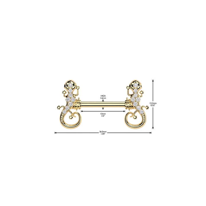 Piercing téton doré geckos en acier chirurgical – Strass scintillants