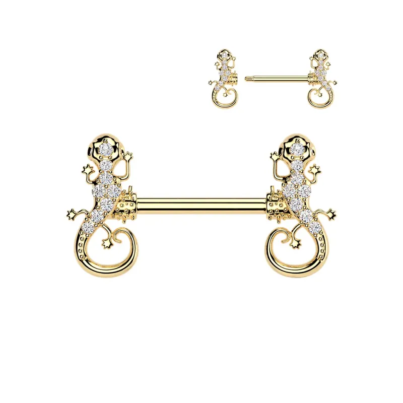 Piercing téton acier doré avec gecko pavés de strass