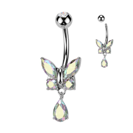 Piercing nombril papillon en acier – Strass aurore boréale & goutte