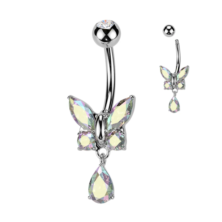 Piercing nombril papillon en acier – Strass aurore boréale & goutte