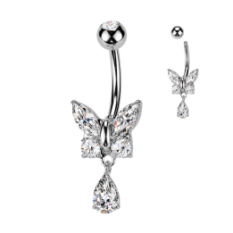 Piercing nombril papillon – Strass scintillants & pendentif goutte