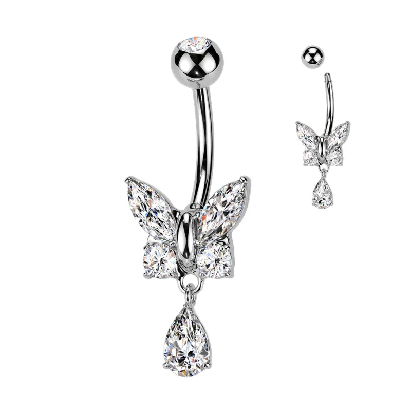 Piercing nombril papillon et goutte strass blancs