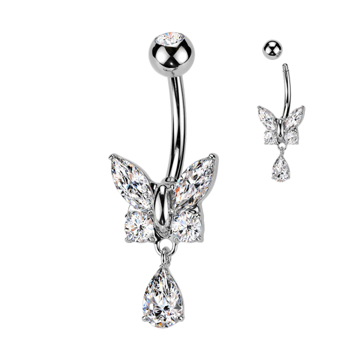 Piercing nombril papillon – Strass scintillants & pendentif goutte