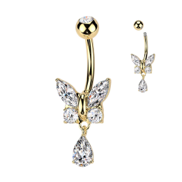 Piercing nombril papillon doré – Strass blancs & pendentif goutte