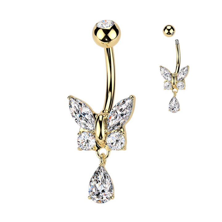 Piercing nombril papillon doré – Strass blancs & pendentif goutte